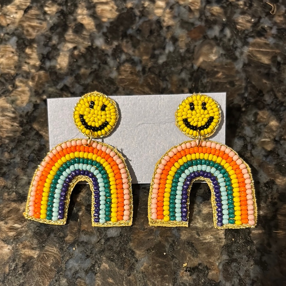 Yellow Smiley Face Earrings with Rainbow Pendants
